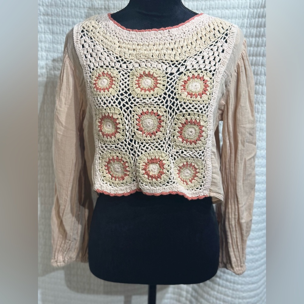 Zara Crochet Long Sleeve Crop Top in Cream Burnt Orange Green